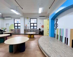 A well-equipped music room featuring instruments, sound equipment, and a comfortable space for practice and creativity.