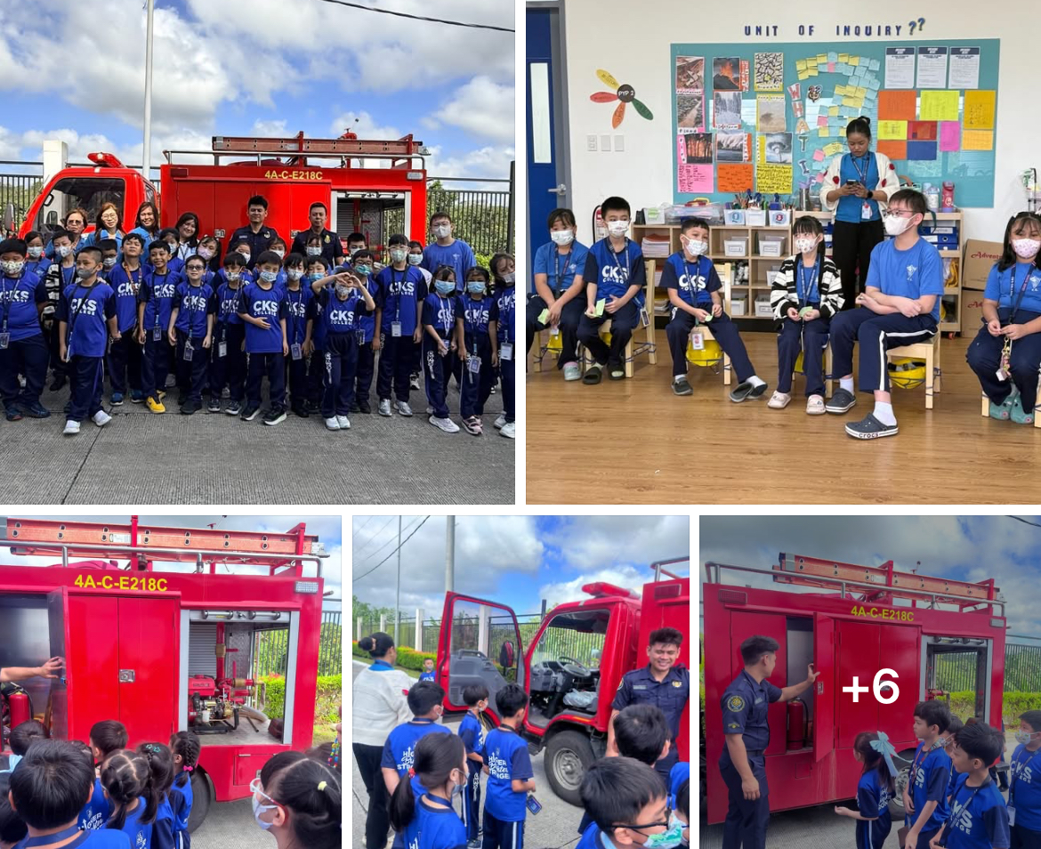 IB Grade 2 students participating in a Firefighters Seminar at CKS College Southmont Campus, learning basic fire safety, emergency response, and prevention practices.
