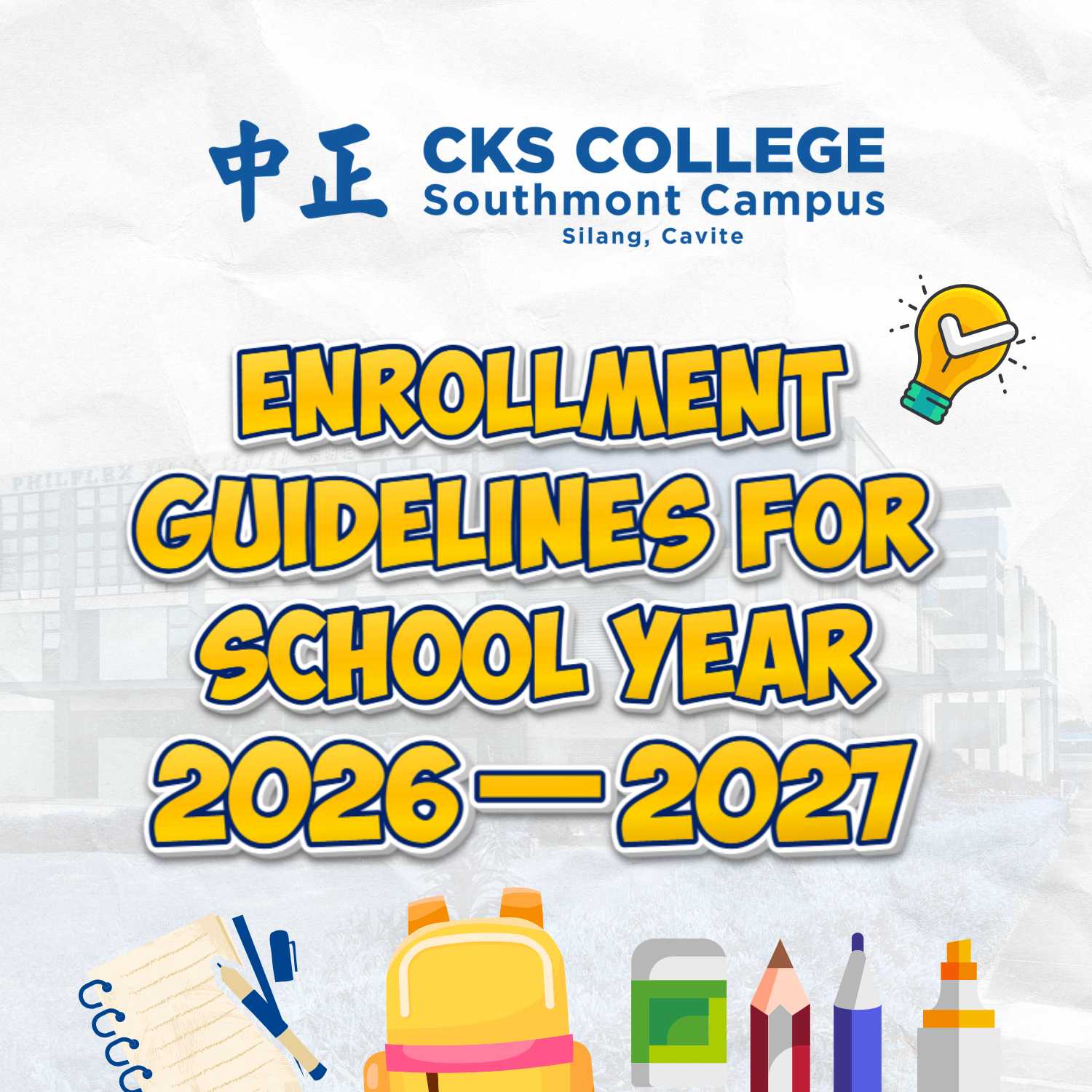 Parents and students completing enrollment requirements at CKS College Southmont Campus for Academic Year 2026–2027.